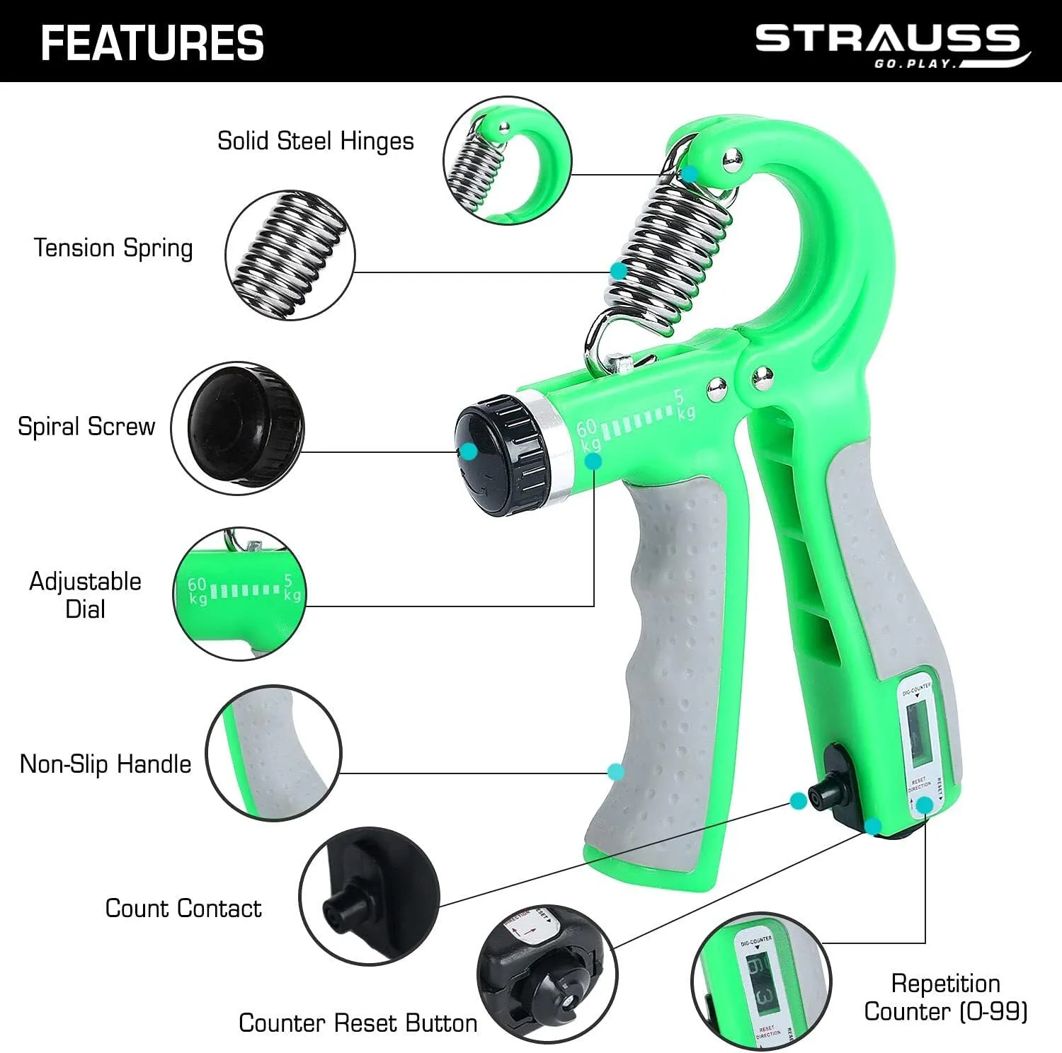 Strauss Adjustable Hand Grip Strengthener with Counter Meter - Green (Pack of 2)