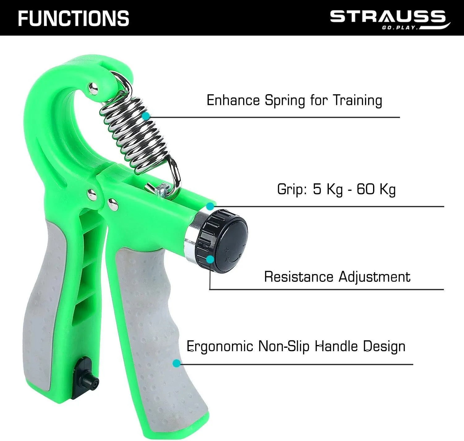 Strauss Adjustable Hand Grip Strengthener with Counter Meter - Green (Pack of 2)