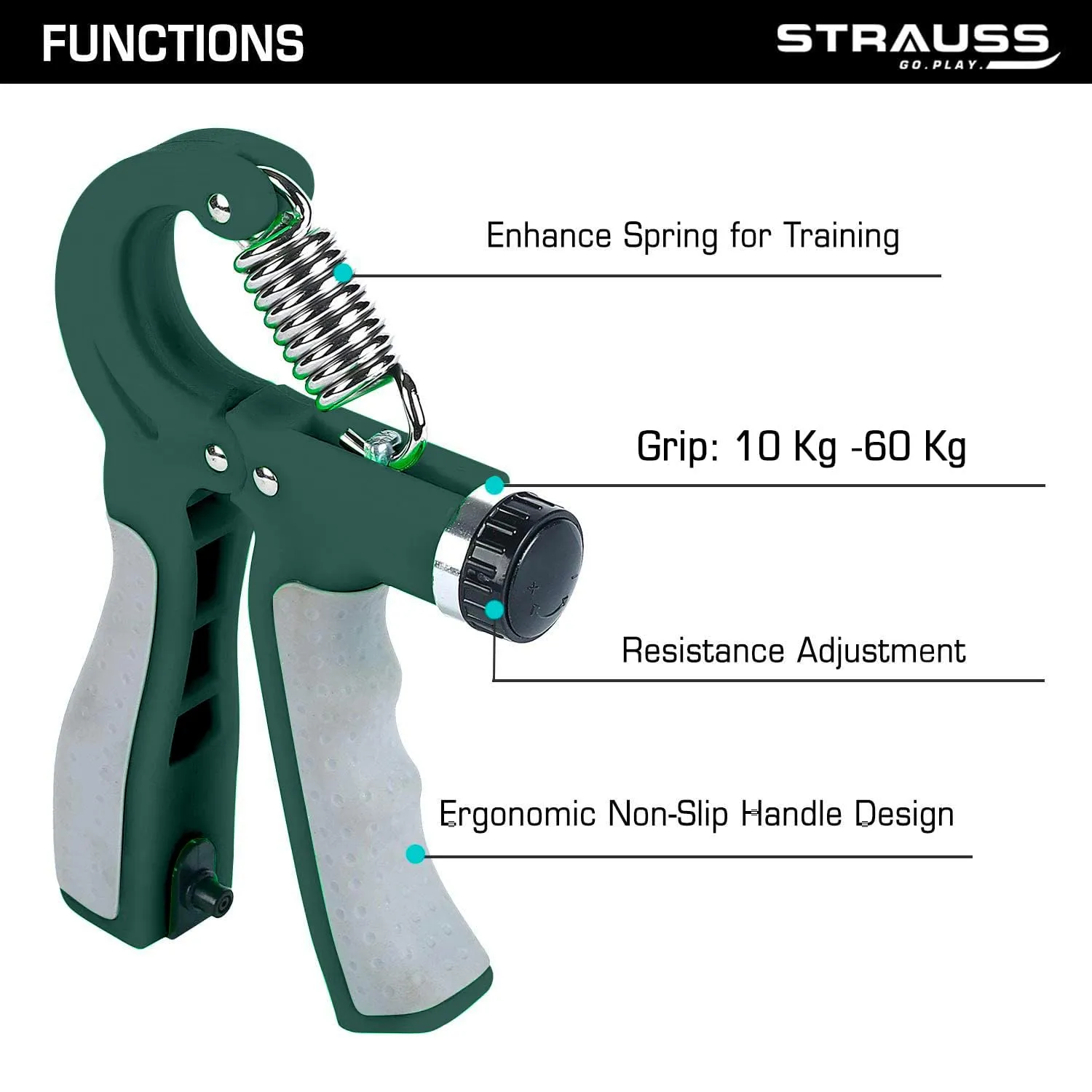 Strauss Adjustable Hand Grip with Counter|Adjustable Resistance (10KG - 60KG) | Hand Gripper for Home & Gym Workouts | Ideal for Forearm Hand Exercises & Strength Building for Men & Women,(Dark Green)