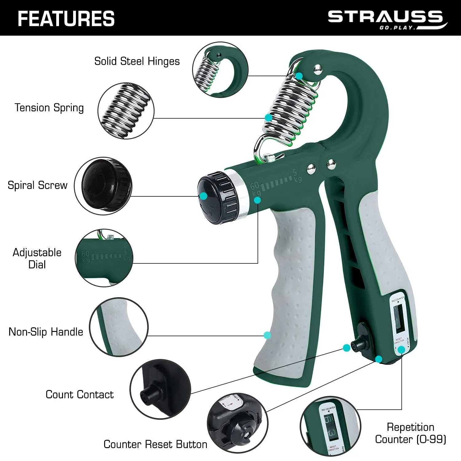 Strauss Adjustable Hand Grip with Counter|Adjustable Resistance (10KG - 60KG) | Hand Gripper for Home & Gym Workouts | Ideal for Forearm Hand Exercises & Strength Building for Men & Women,(Dark Green)