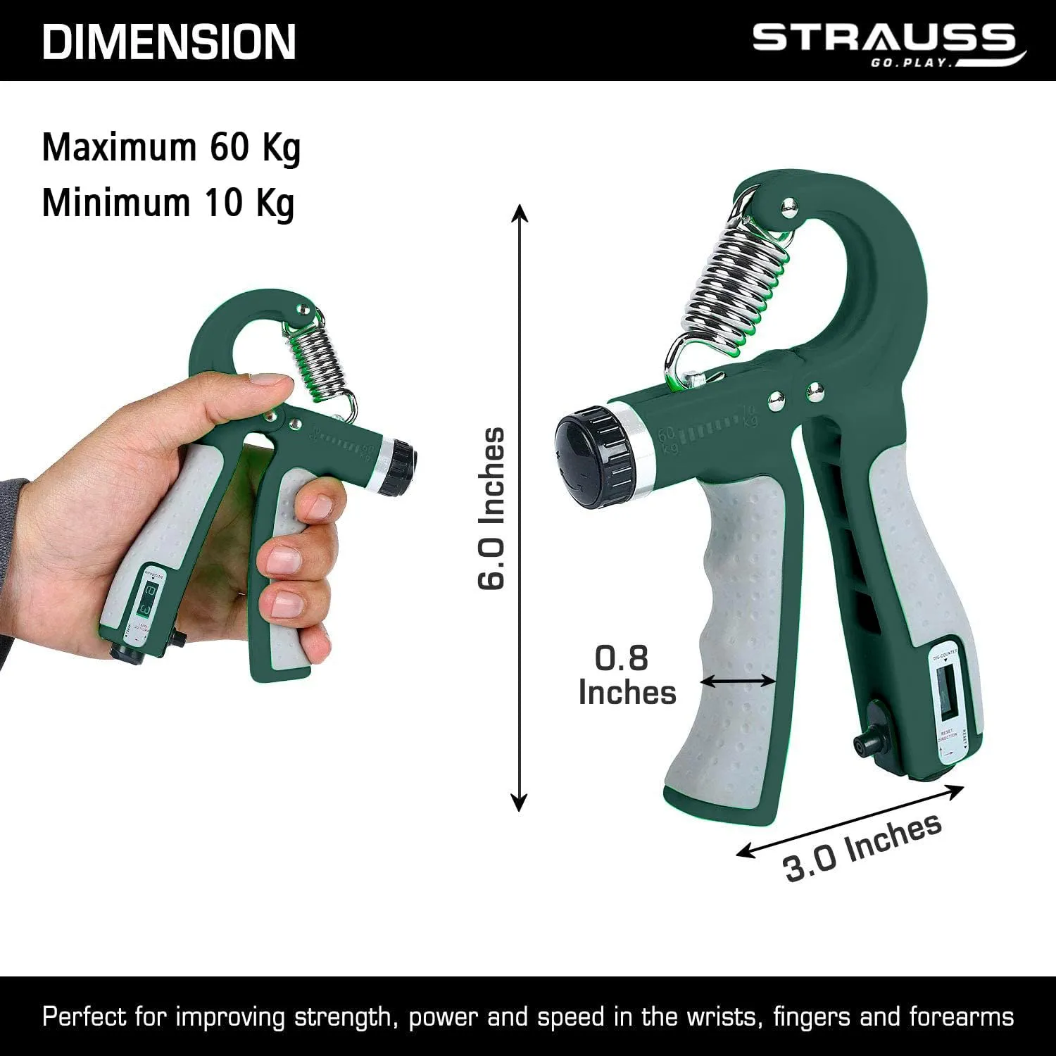 Strauss Adjustable Hand Grip with Counter|Adjustable Resistance (10KG - 60KG) | Hand Gripper for Home & Gym Workouts | Ideal for Forearm Hand Exercises & Strength Building for Men & Women,(Dark Green)