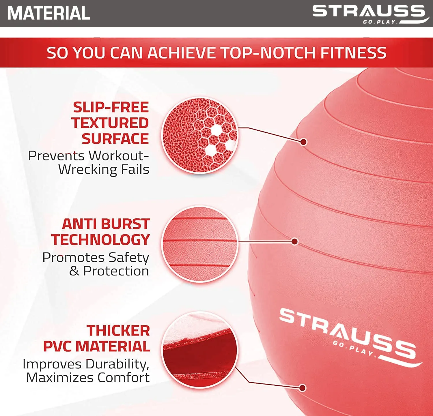 STRAUSS Anti-Burst Rubber Gym Ball with Free Foot Pump | Round Shape Stability Ball for Core Strength, Balance Training, Yoga & Stability| Fitness Equipment for Home Gym | 55 cm, (Red)