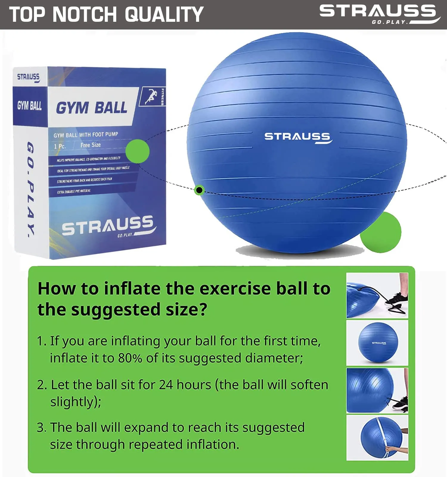 STRAUSS Anti-Burst Rubber Gym Ball with Free Foot Pump | Round Shape Swiss Ball for Exercise, Workout, Yoga, Pregnancy, Birthing, Balance & Stability, 75 cm, (Blue)