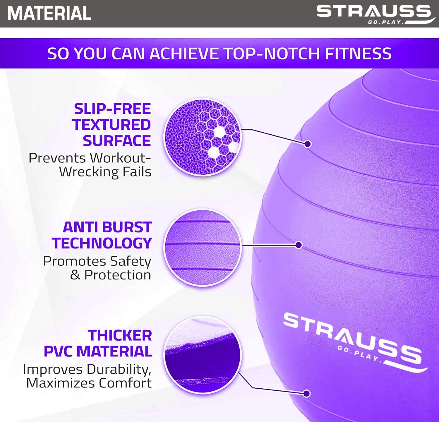 STRAUSS Anti-Burst Rubber Gym Ball with Free Foot Pump | Round Shape Swiss Ball for Exercise, Workout, Yoga, Pregnancy, Birthing, Balance & Stability, 75 cm, (Purple)