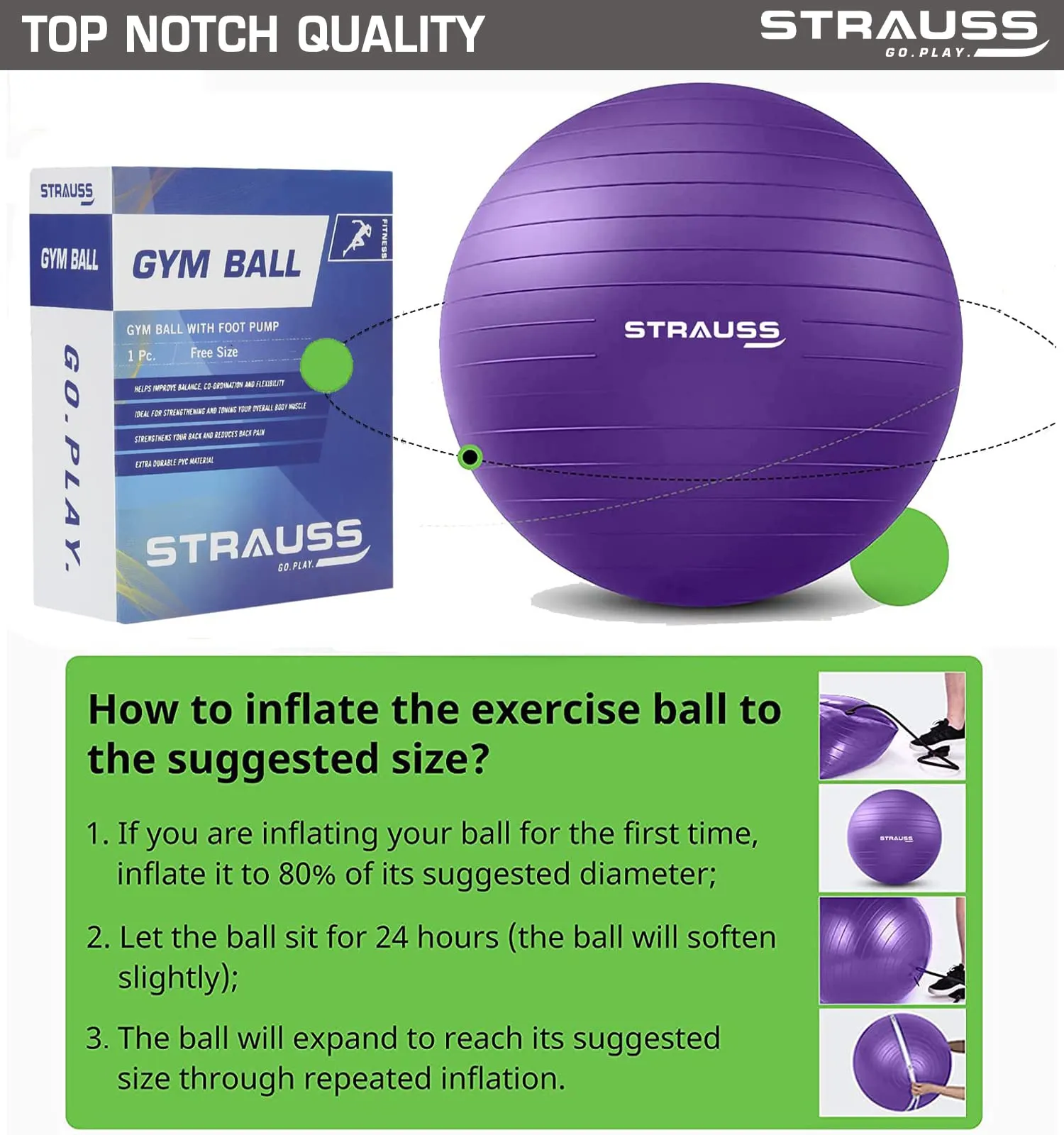 STRAUSS Anti-Burst Rubber Gym Ball with Free Foot Pump | Round Shape Swiss Ball for Exercise, Workout, Yoga, Pregnancy, Birthing, Balance & Stability, 85 cm, (Purple)