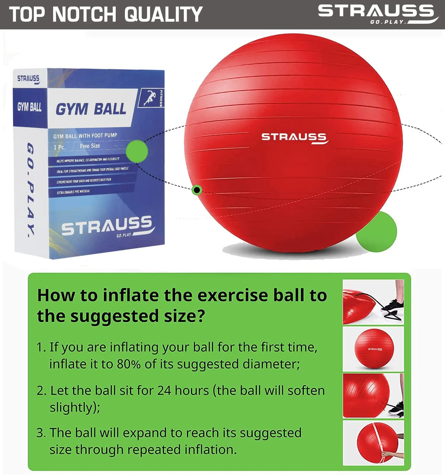 STRAUSS Anti-Burst Rubber Gym Ball with Free Foot Pump | Round Shape Swiss Ball for Exercise, Workout, Yoga, Pregnancy, Birthing, Balance & Stability, 85 cm, (Red)