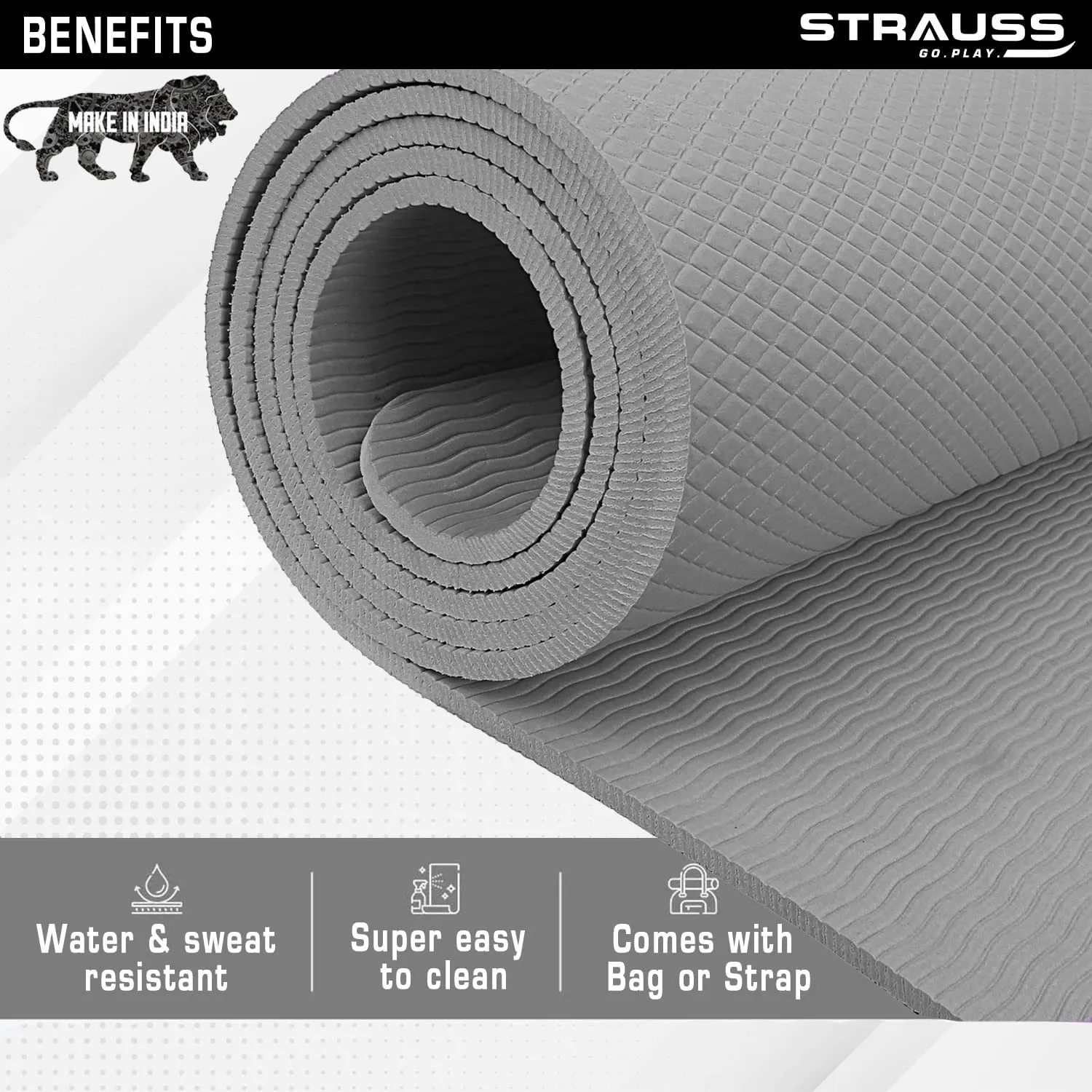 Strauss Anti Skid EVA Yoga Mat with Carry Bag, 8mm, (Grey)