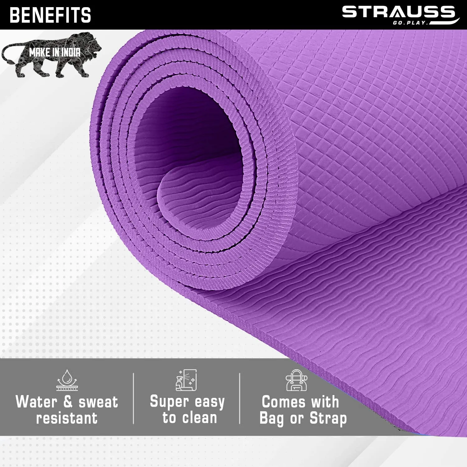 Strauss Anti Skid EVA Yoga Mat with Carry Bag, 8mm, (Purple)