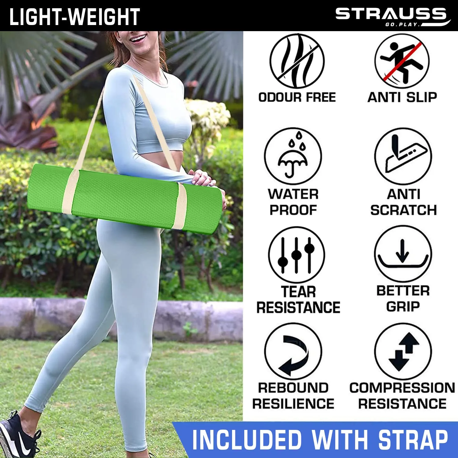 Strauss Anti Skid EVA Yoga Mat with Carry Strap, 4mm, (Green)