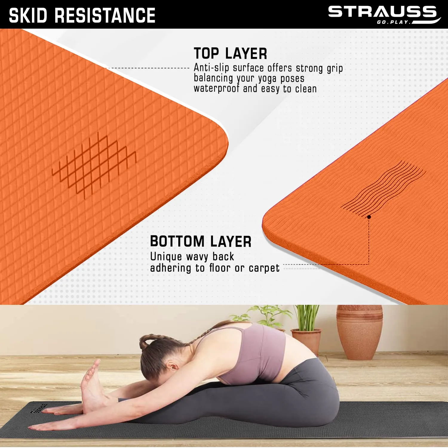 Strauss Anti Skid EVA Yoga Mat with Carry Strap, 6mm, (Orange)