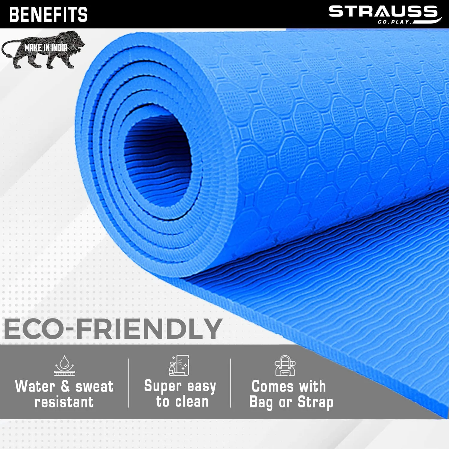 Strauss Anti Skid TPE Yoga Mat with Carry Bag, 8mm, (Sky Blue)