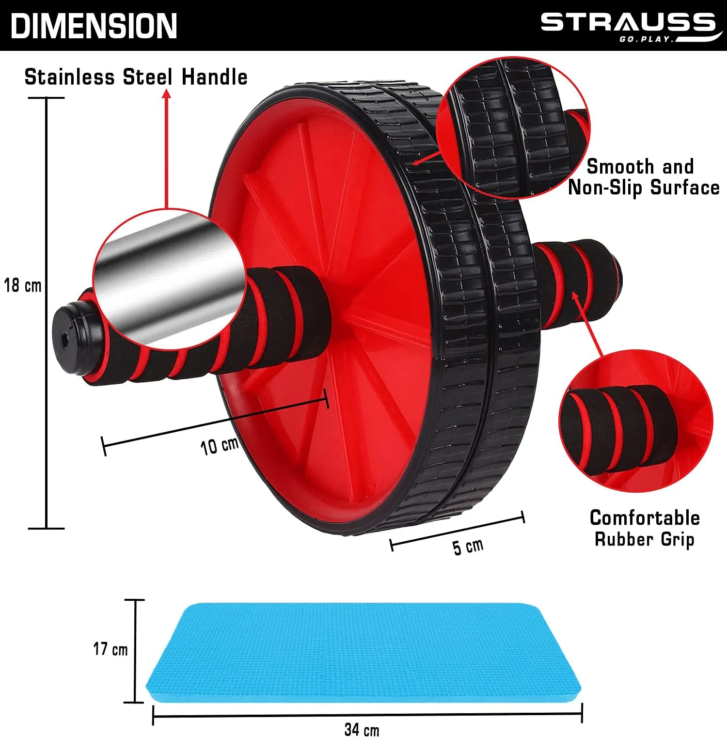 Strauss Double Wheel Ab & Exercise Roller | Anti-Skid Wheel Base, Non-Slip Stainless Steel Handles & Knee Mat| Abdominal Exercise Roller Wheel|Exercise Equipment for Home, Gym Workout for Abs, (Red)