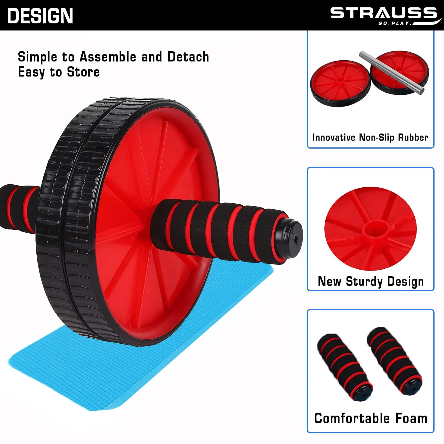 Strauss Double Wheel Ab & Exercise Roller | Anti-Skid Wheel Base, Non-Slip Stainless Steel Handles & Knee Mat| Abdominal Exercise Roller Wheel|Exercise Equipment for Home, Gym Workout for Abs, (Red)