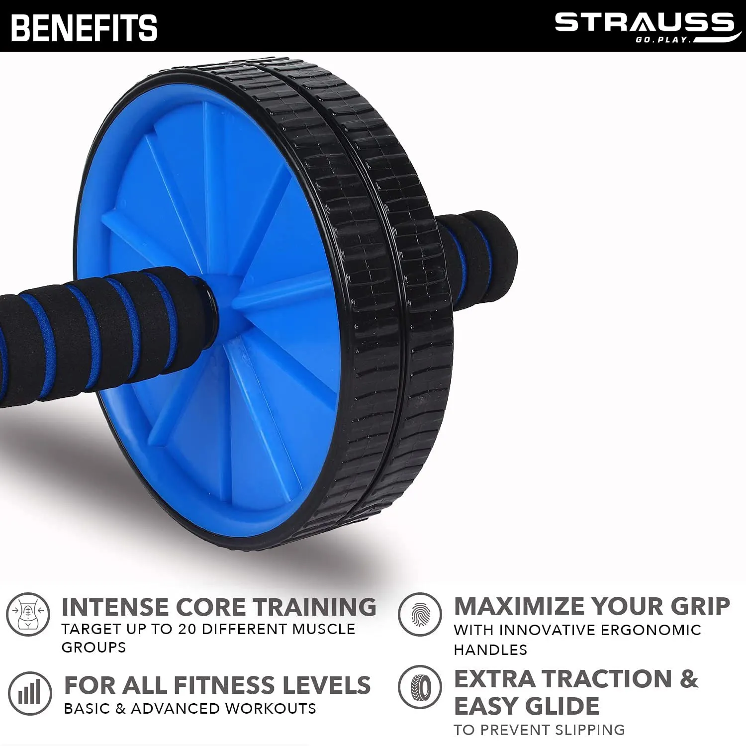 Strauss Double Wheel Ab & Exercise Roller | Anti-Skid Wheel Base, Non-Slip Stainless Steel Handles & Knee Mat | Ideal for Home, Gym workout for Abs, Tummy, (Blue)