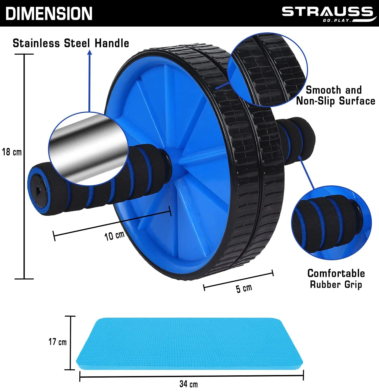 Strauss Double Wheel Ab & Exercise Roller | Anti-Skid Wheel Base, Non-Slip Stainless Steel Handles & Knee Mat | Ideal for Home, Gym workout for Abs, Tummy, (Blue)