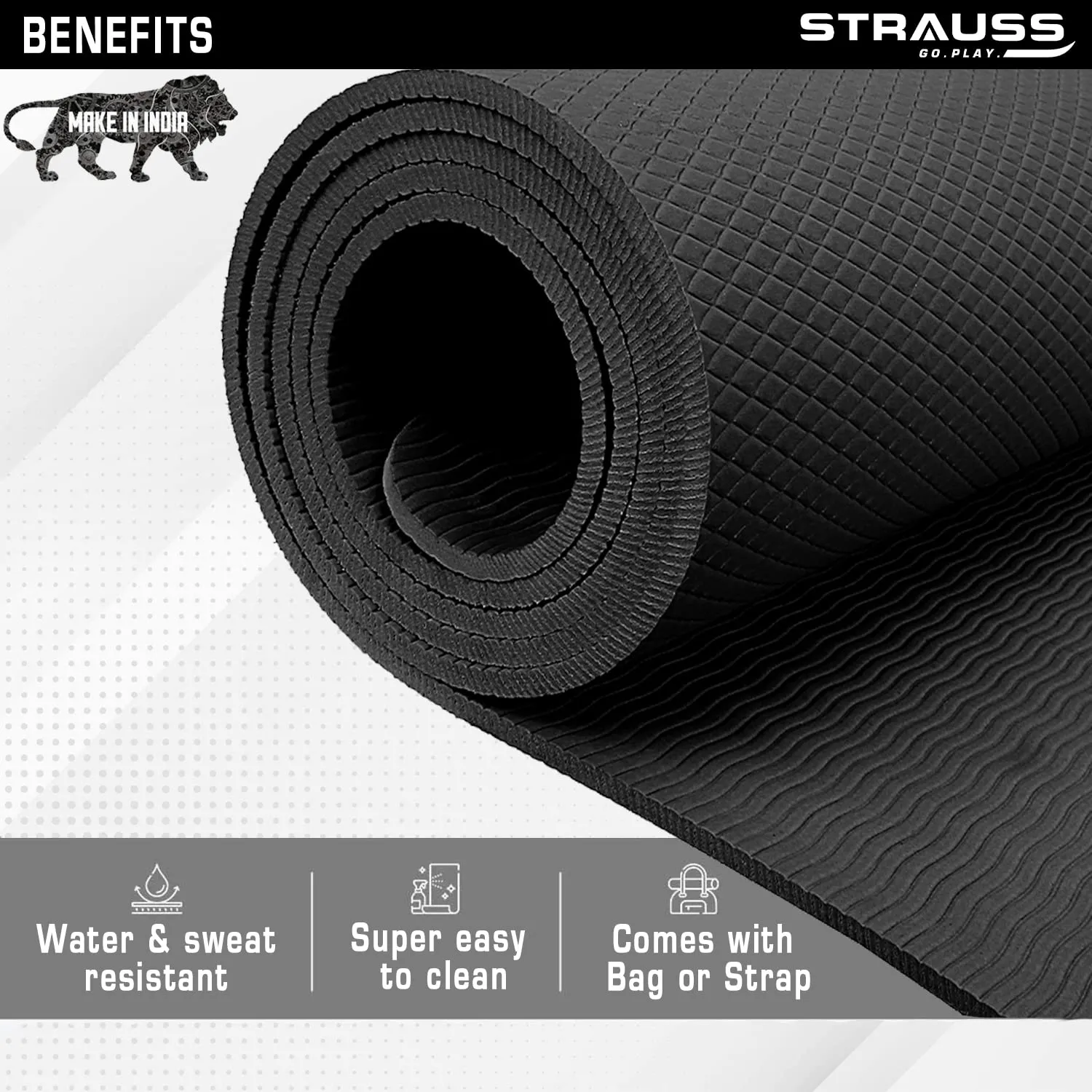 STRAUSS EVA Yoga Mat with Carry Bag | Non-Slip Exercise Mat for Home & Gym | Eco-Friendly, Lightweight & Durable Workout Mat | Ideal for Yoga, Pilates, Fitness | Ideal for Men & Women,8mm,(Black)