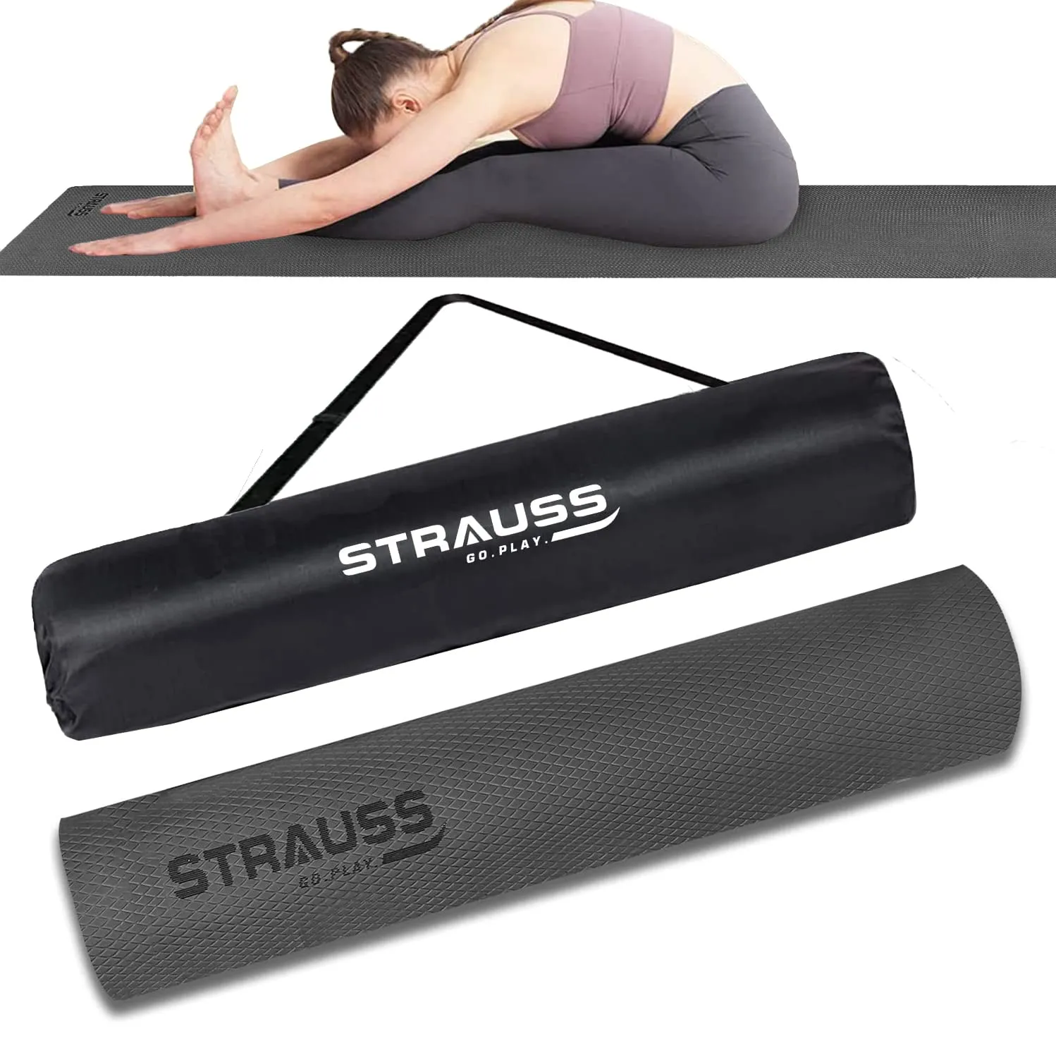 STRAUSS EVA Yoga Mat with Carry Bag | Non-Slip Exercise Mat for Home & Gym | Eco-Friendly, Lightweight & Durable Workout Mat | Ideal for Yoga, Pilates, Fitness | Ideal for Men & Women,8mm,(Black)