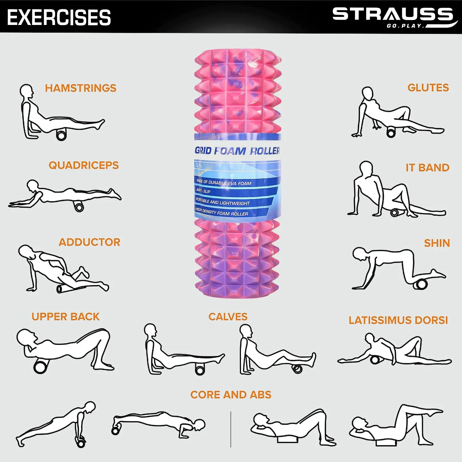 Strauss Grid Foam Roller | Eco-Friendly Spikes Foam Roller | Premium Eva Foam | Light Weight & Travel-Friendly Foam Roller for Relieve Muscle Tightness, Soreness & Inflammation ,45 CM (Multicolor Pink)