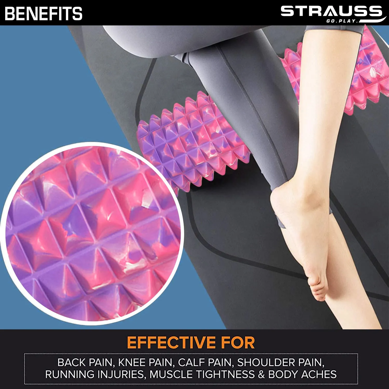 Strauss Grid Foam Roller | Eco-Friendly Spikes Foam Roller | Premium Eva Foam | Light Weight & Travel-Friendly Foam Roller for Relieve Muscle Tightness, Soreness & Inflammation ,45 CM (Multicolor Pink)