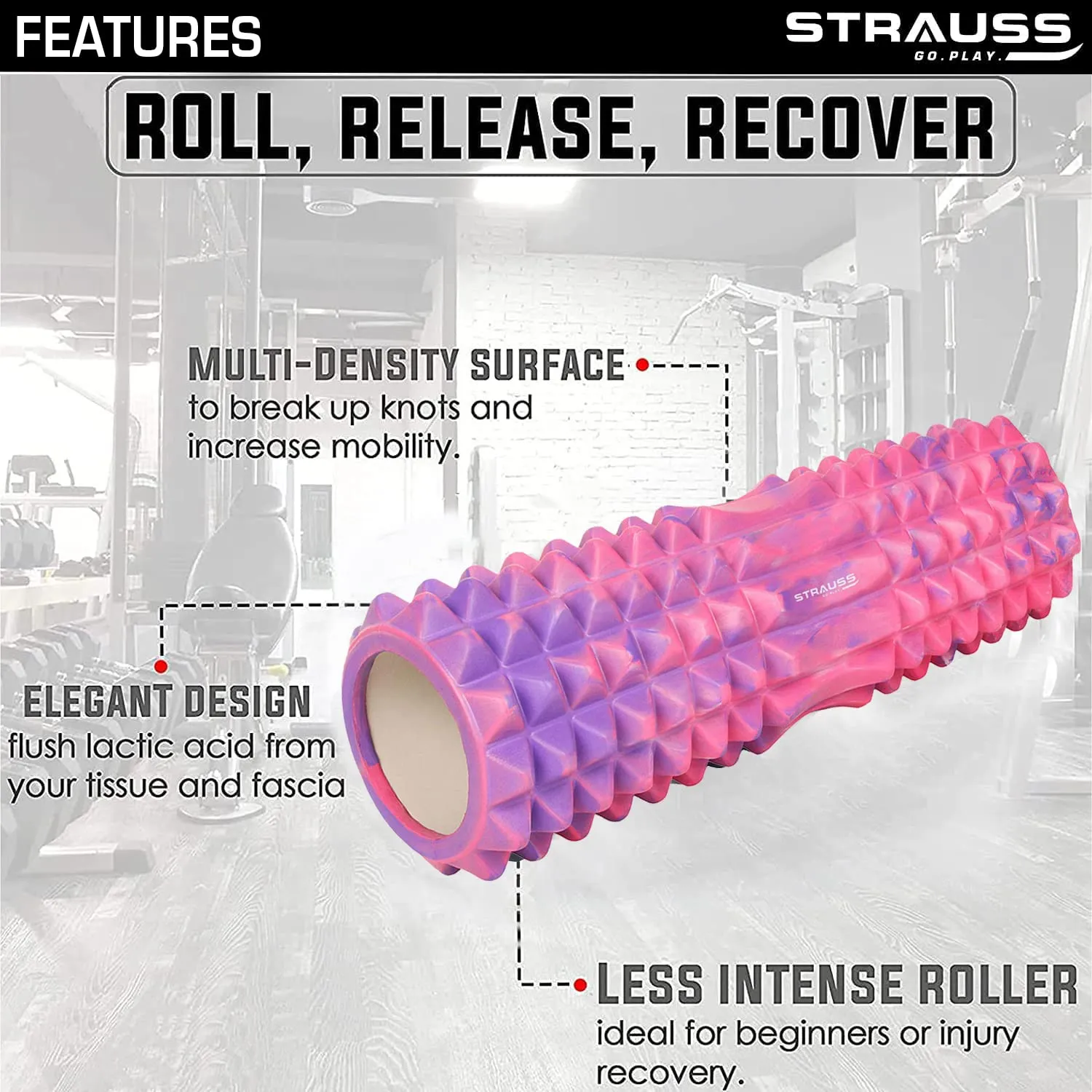 Strauss Grid Foam Roller | Eco-Friendly Spikes Foam Roller | Premium Eva Foam | Light Weight & Travel-Friendly Foam Roller for Relieve Muscle Tightness, Soreness & Inflammation ,45 CM (Multicolor Pink)