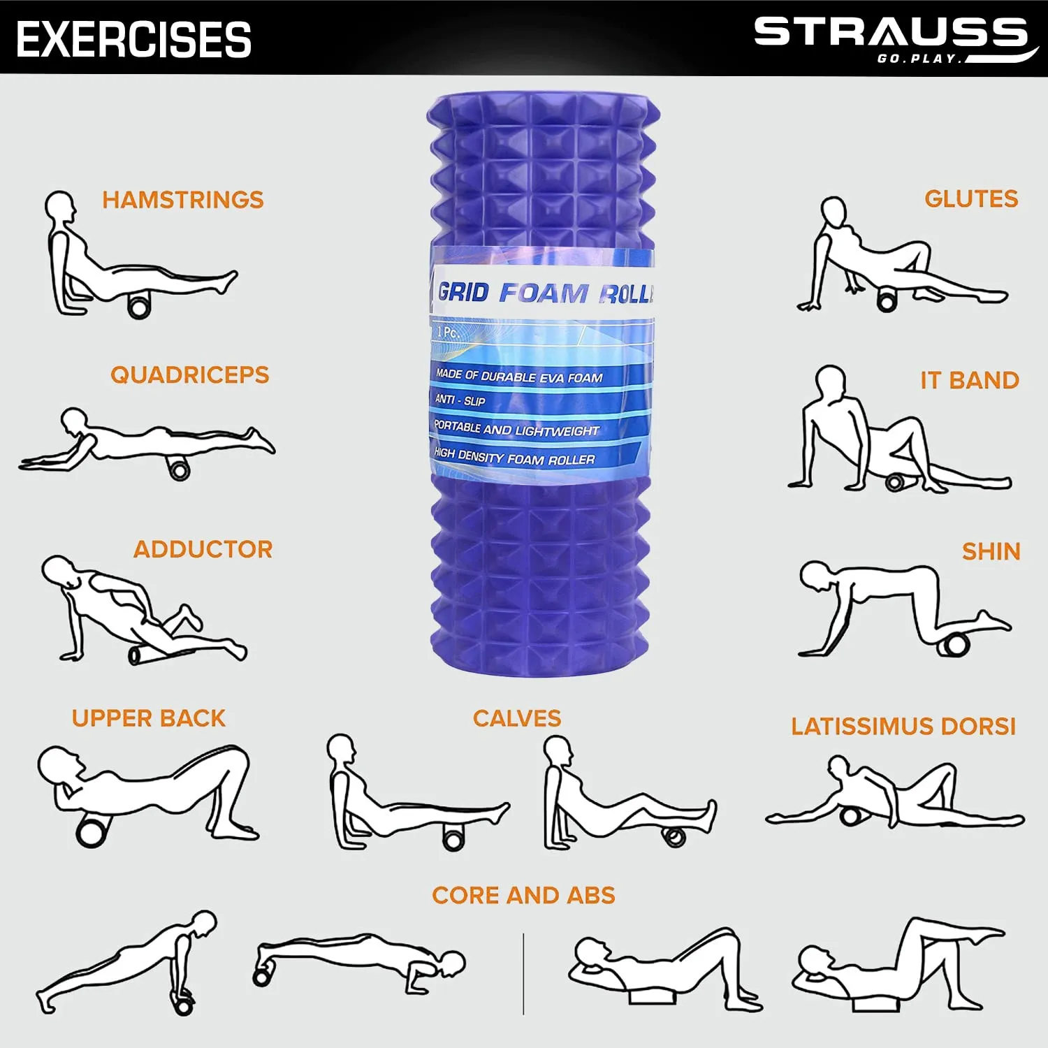 Strauss Grid Foam Roller | Eco-Friendly Spikes Foam Roller | Premium Eva Foam | Light Weight & Travel-Friendly Foam Roller for Relieve Muscle Tightness, Soreness & Inflammation,45 CM (Purple)