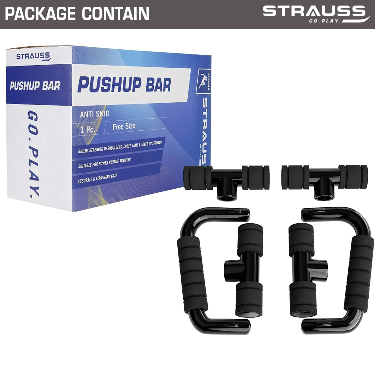 Strauss Moto Push-Up Bar, Pair |Non-Slip, Sturdy Exercise Equipment for Home or Gym Workout |Ideal for Upper Body Strength Training, Muscle Building, Push-Ups & Planks | Portable Gym Equipment,(Black)