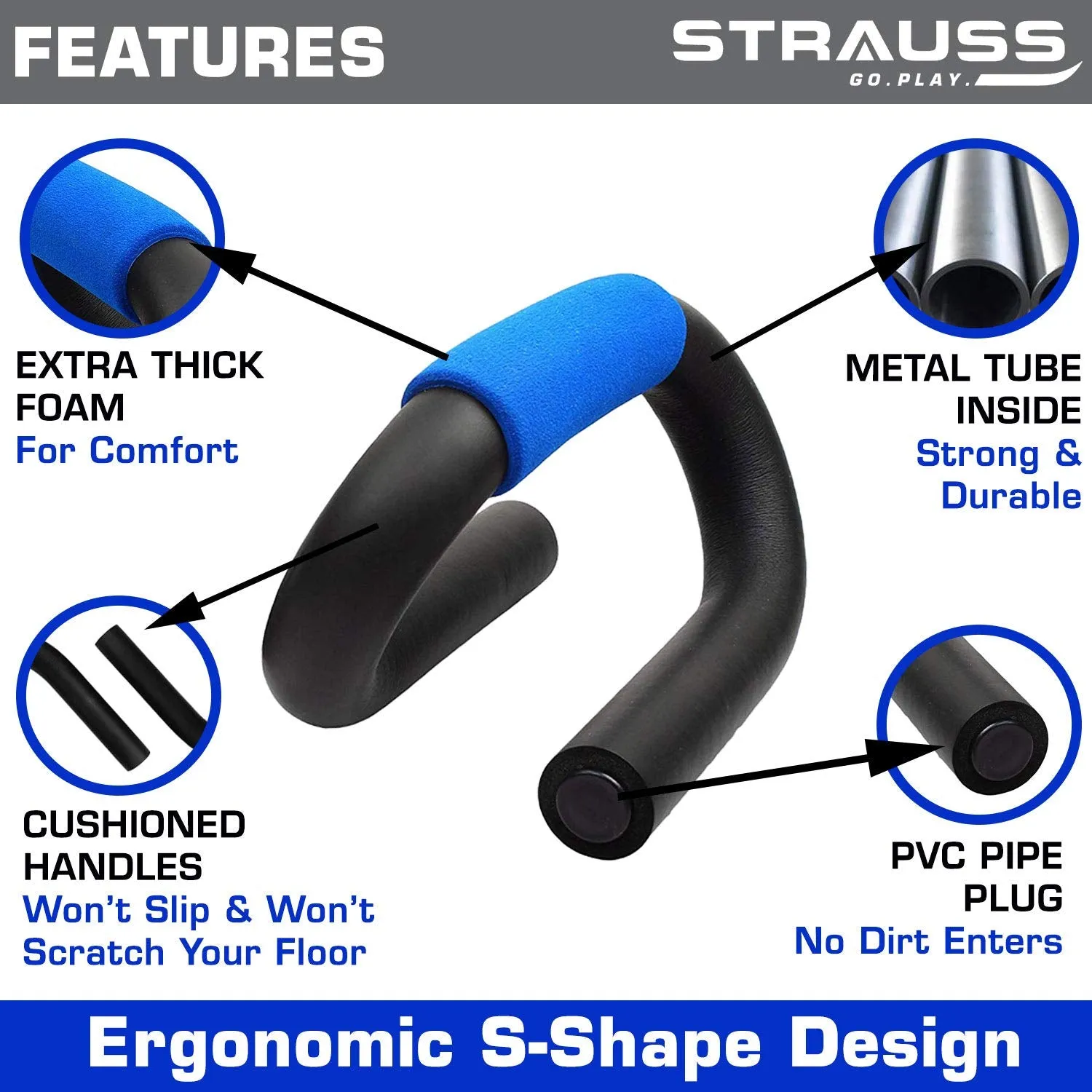 Strauss Power Push up Bar, (Black/Blue) and Yoga Soft Chest Expander