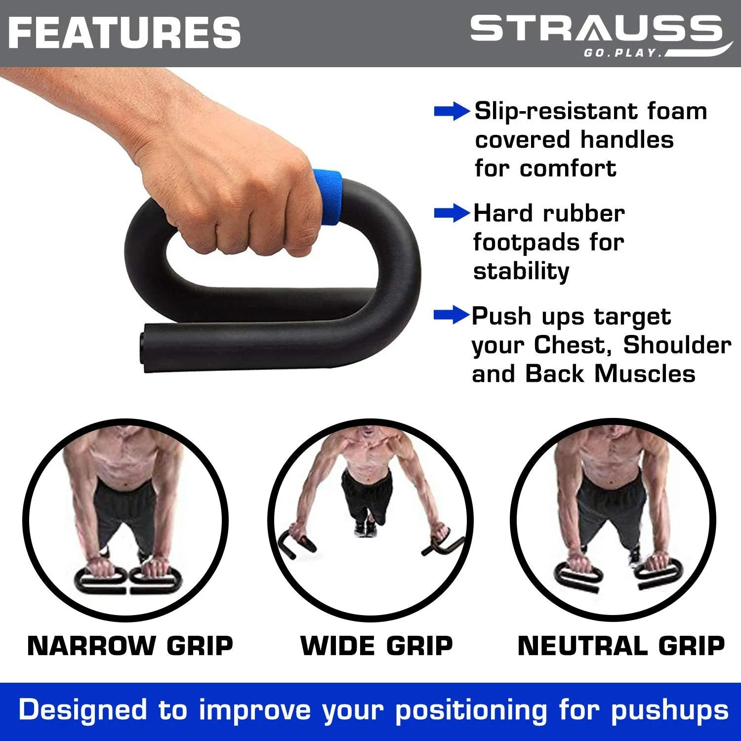 Strauss Power Push up Bar, (Black/Blue) and Yoga Soft Chest Expander