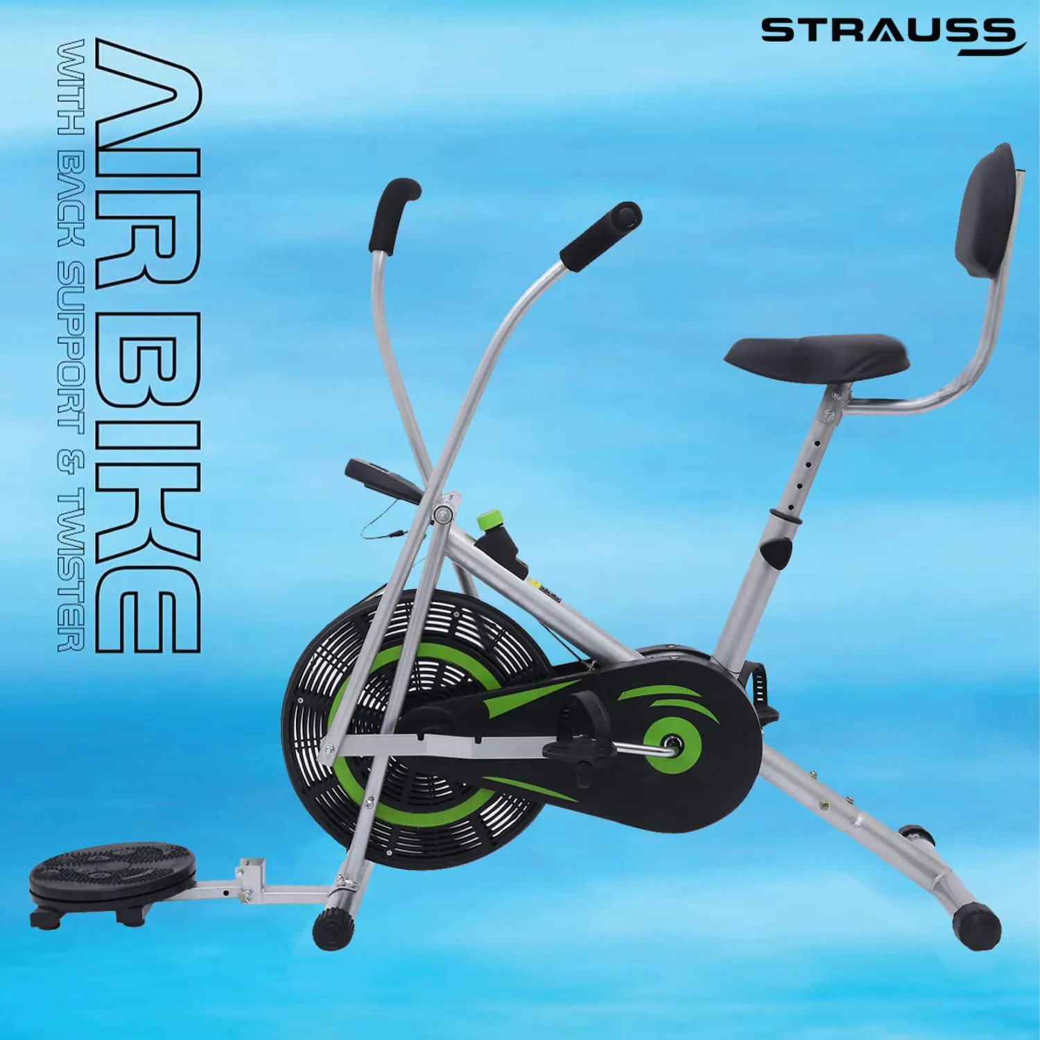 Strauss Stayfit Exercise Bike with Back Support and Twister | Adjustable Resistance with Cushioned Seat and LCD Monitor | Fitness Cycle for Home Gym (Max Weight: 120Kg), Green