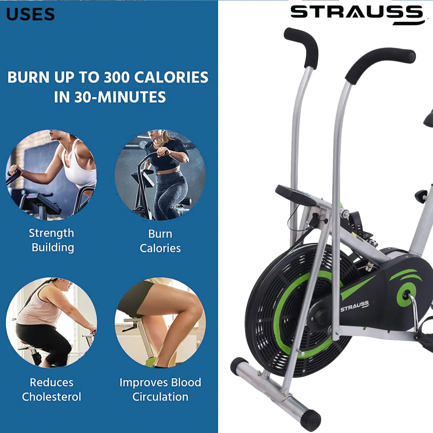 Strauss Stayfit Exercise Bike with Back Support and Twister | Adjustable Resistance with Cushioned Seat and LCD Monitor | Fitness Cycle for Home Gym (Max Weight: 120Kg), Green