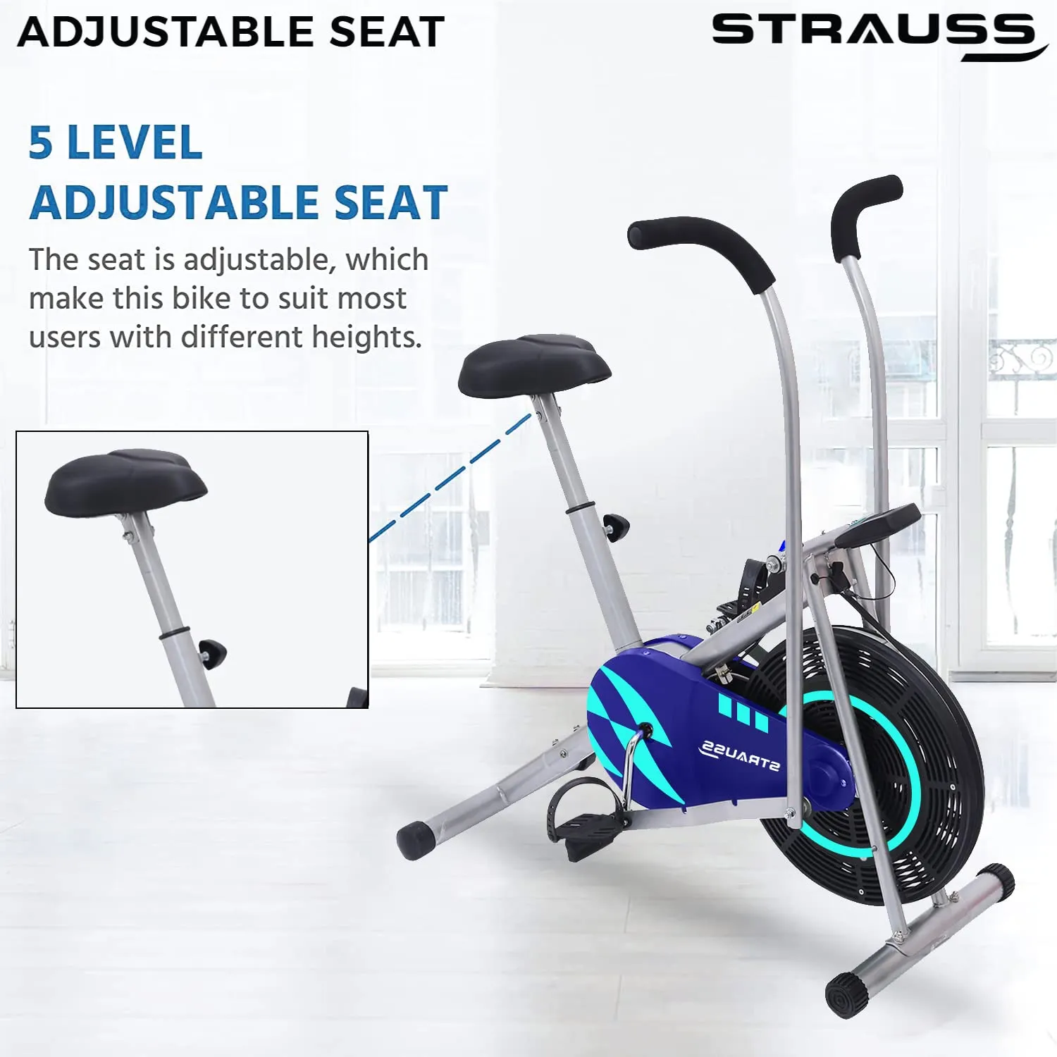 Strauss Stayfit Exercise Bike With Moving or Stationary Handle | Adjustable Resistance With Cushioned Seat and LCD Monitor | Fitness Cycle For Home Gym (Max Weight: 120Kg), Blue