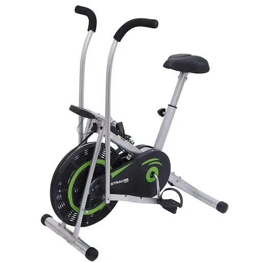 Strauss Stayfit Exercise Bike with Moving or Stationary Handle | Adjustable Resistance with Cushioned Seat and LCD Monitor | Fitness Cycle for Home Gym (Max Weight: 120Kg), Green