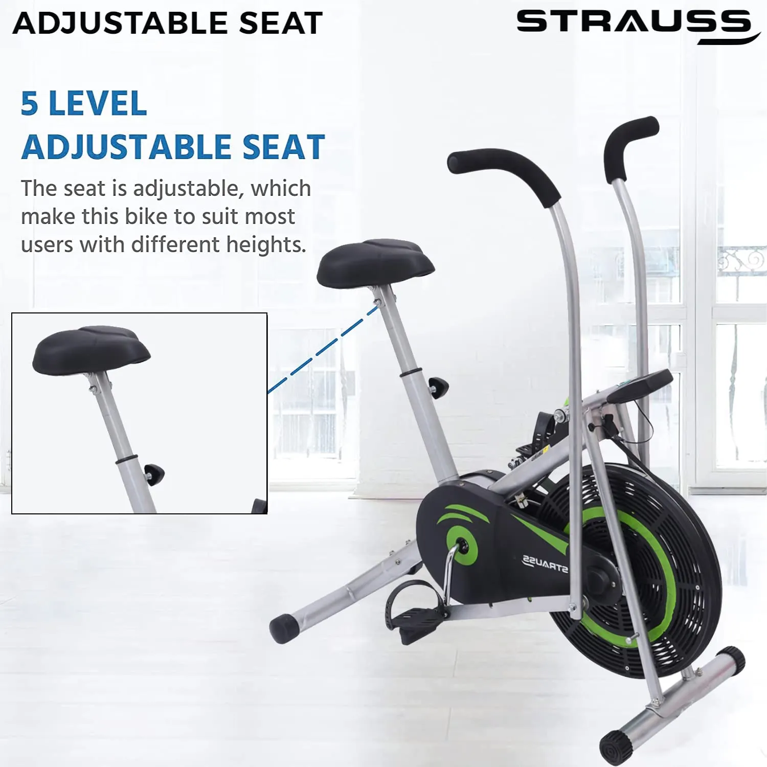 Strauss Stayfit Exercise Bike with Moving or Stationary Handle | Adjustable Resistance with Cushioned Seat and LCD Monitor | Fitness Cycle for Home Gym (Max Weight: 120Kg), Green