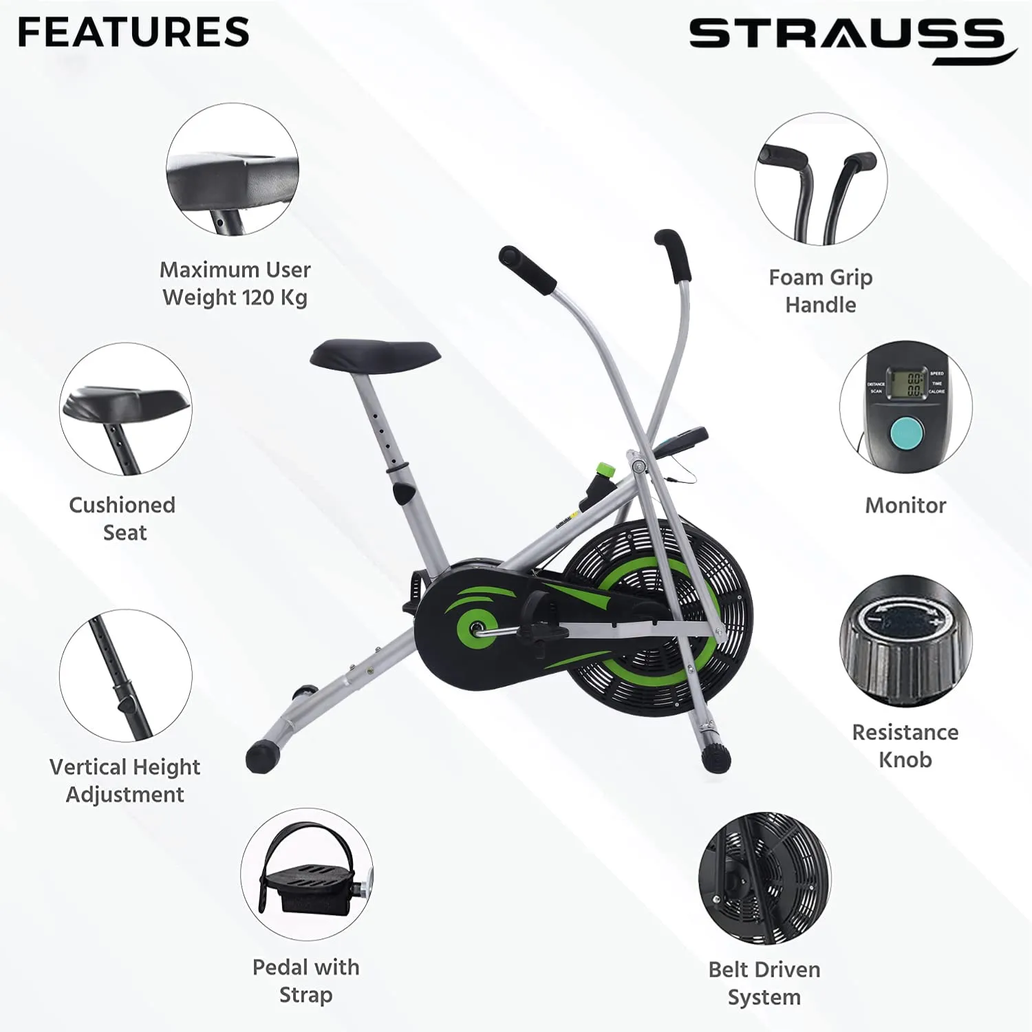 Strauss Stayfit Exercise Bike with Moving or Stationary Handle | Adjustable Resistance with Cushioned Seat and LCD Monitor | Fitness Cycle for Home Gym (Max Weight: 120Kg), Green