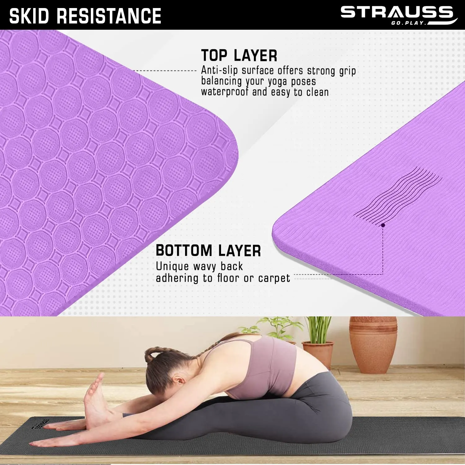 STRAUSS TPE Dual Layer Yoga Mat| Exercise Mat for Yoga,Pilates & Gym| Lightweight & Eco-Friendly Material | Yoga Mat for Women and Men |Ideal for Home Gym Workout |Includes Carry Bag | 4MM,(Purple)