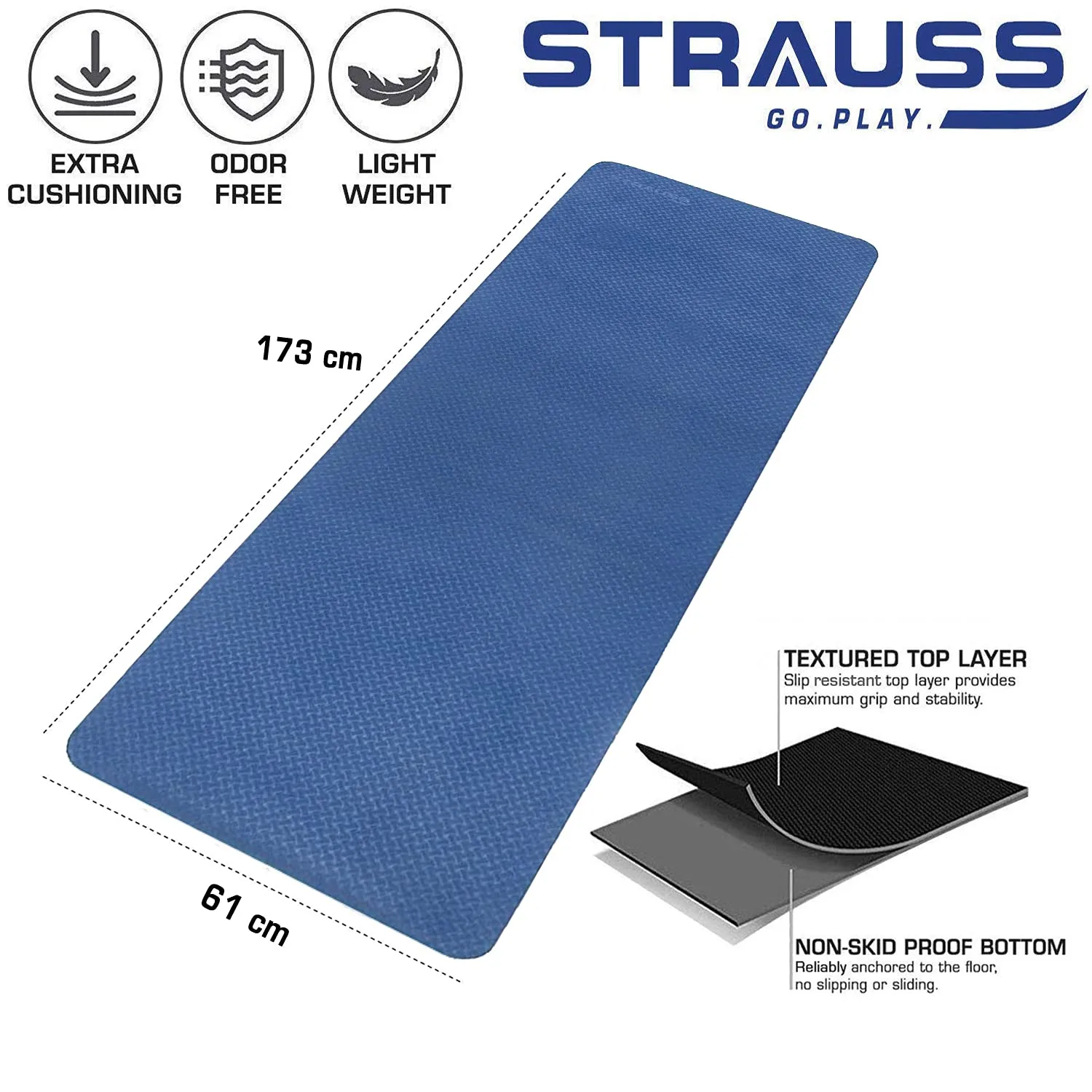 Strauss TPE Eco-Friendly Yoga Mat, 6 mm (Blue)