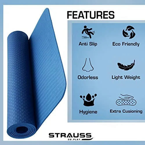 Strauss TPE Eco-Friendly Yoga Mat, 6mm (Blue) and Yoga Mat Bag,Floral (Full Zip)