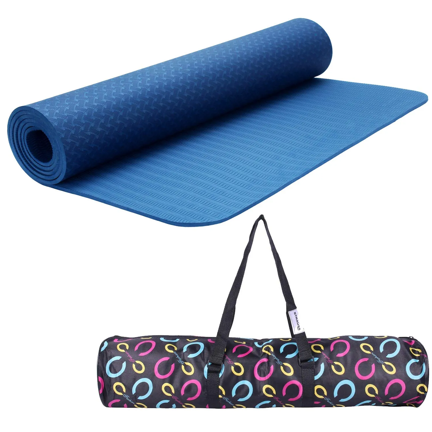 Strauss TPE Eco-Friendly Yoga Mat, 6mm (Blue) and Yoga Mat Bag,Floral (Full Zip)