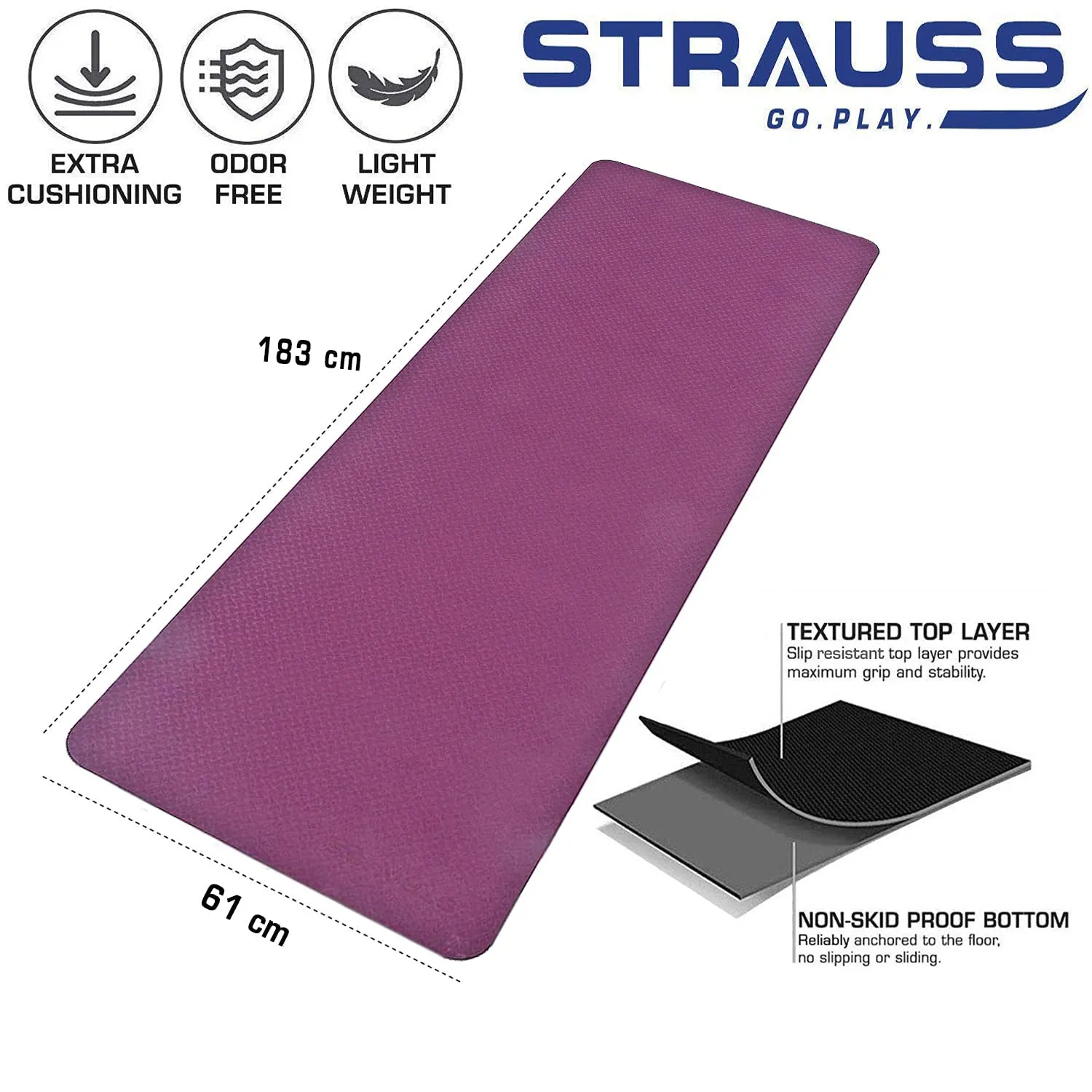 Strauss TPE Eco-Friendly Yoga Mat with Carry Bag |Anti-Slip Exercise & Fitness Yoga Mat for Men & Women|Home & Gym Mat for Workout, Yoga,Pilates & Floor Exercises|Sizes: 4mm/6mm/8mm,(Purple)