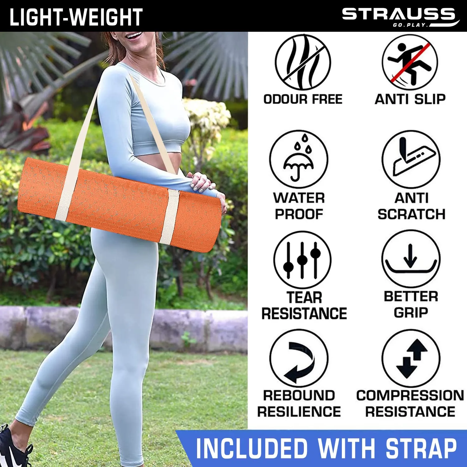 Strauss TPE Yoga Mat | Exercise Mat For Home Workout, Gym and Yoga Sessions | Anti Slip Gym Mat | Workout Mat For Men, Women and Kids | Yoga Mat With Carry Strap | Thickness: 4MM,(Orange)