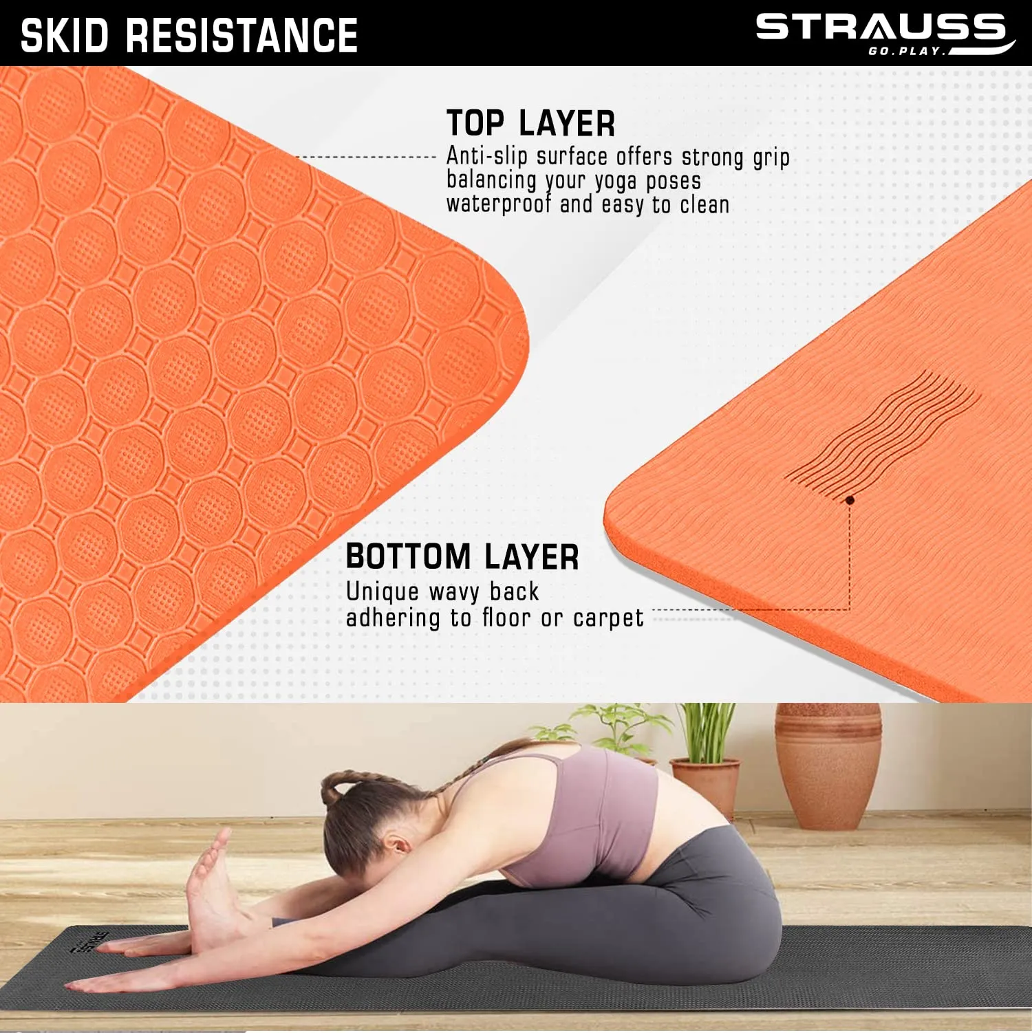 Strauss TPE Yoga Mat | Exercise Mat For Home Workout, Gym and Yoga Sessions | Anti Slip Gym Mat | Workout Mat For Men, Women and Kids | Yoga Mat With Carry Strap | Thickness: 6MM,(Orange)