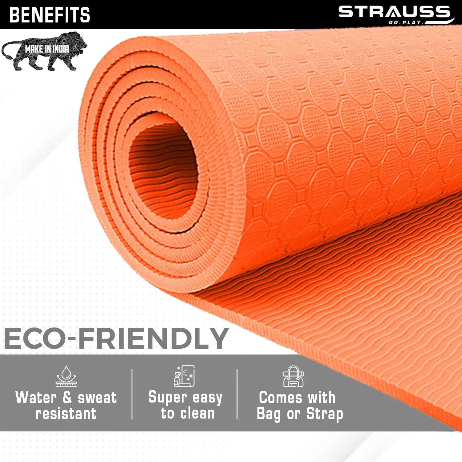 Strauss TPE Yoga Mat | Exercise Mat For Home Workout, Gym and Yoga Sessions | Anti Slip Gym Mat | Workout Mat For Men, Women and Kids | Yoga Mat With Carry Strap | Thickness: 6MM,(Orange)