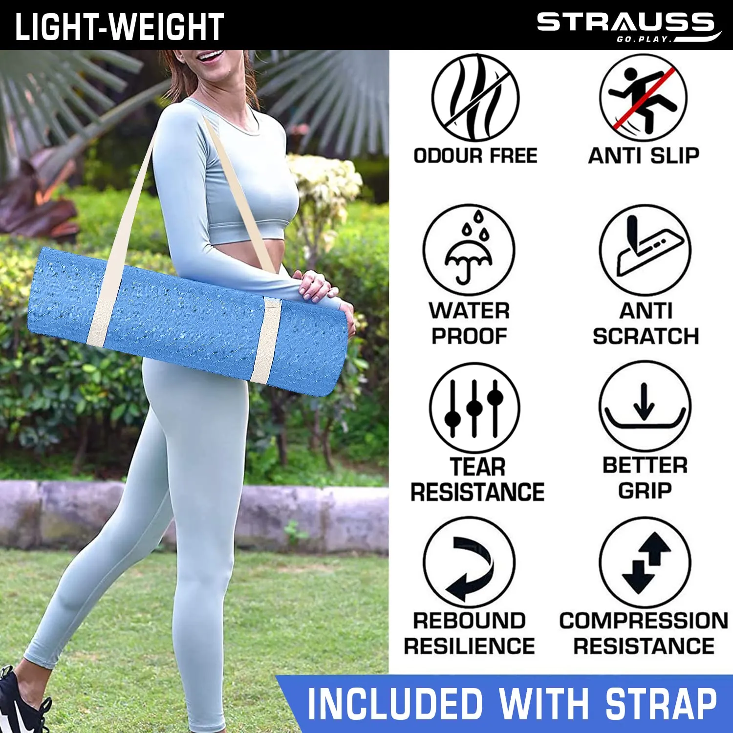 Strauss TPE Yoga Mat | Exercise Mat For Home Workout, Gym and Yoga Sessions | Anti Slip Gym Mat | Workout Mat For Men, Women and Kids | Yoga Mat With Carry Strap | Thickness: 8MM,(Sky Blue)