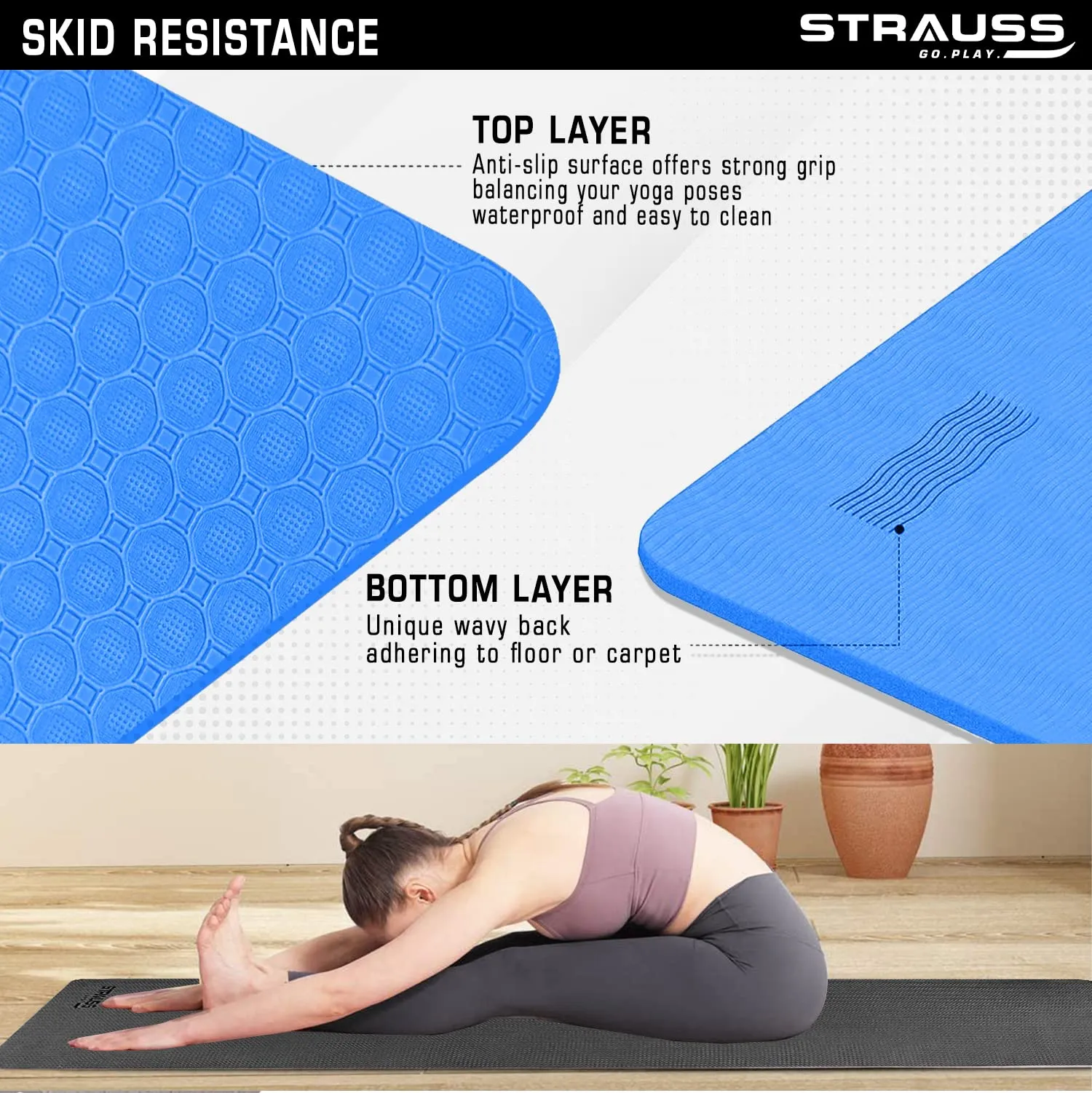 Strauss TPE Yoga Mat | Exercise Mat For Home Workout, Gym and Yoga Sessions | Anti Slip Gym Mat | Workout Mat For Men, Women and Kids | Yoga Mat With Carry Strap | Thickness: 8MM,(Sky Blue)