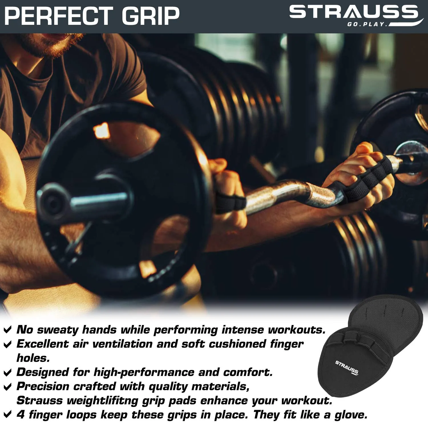 Strauss Weight Lifting Grip Pads | Hand Grips for Pull Ups | Grip Power Pads Lifting Pads for Weightlifting, Deadlifting & Powerlifting | Ideal for Gym Workouts for Men & Women | Set of 2, (Black)