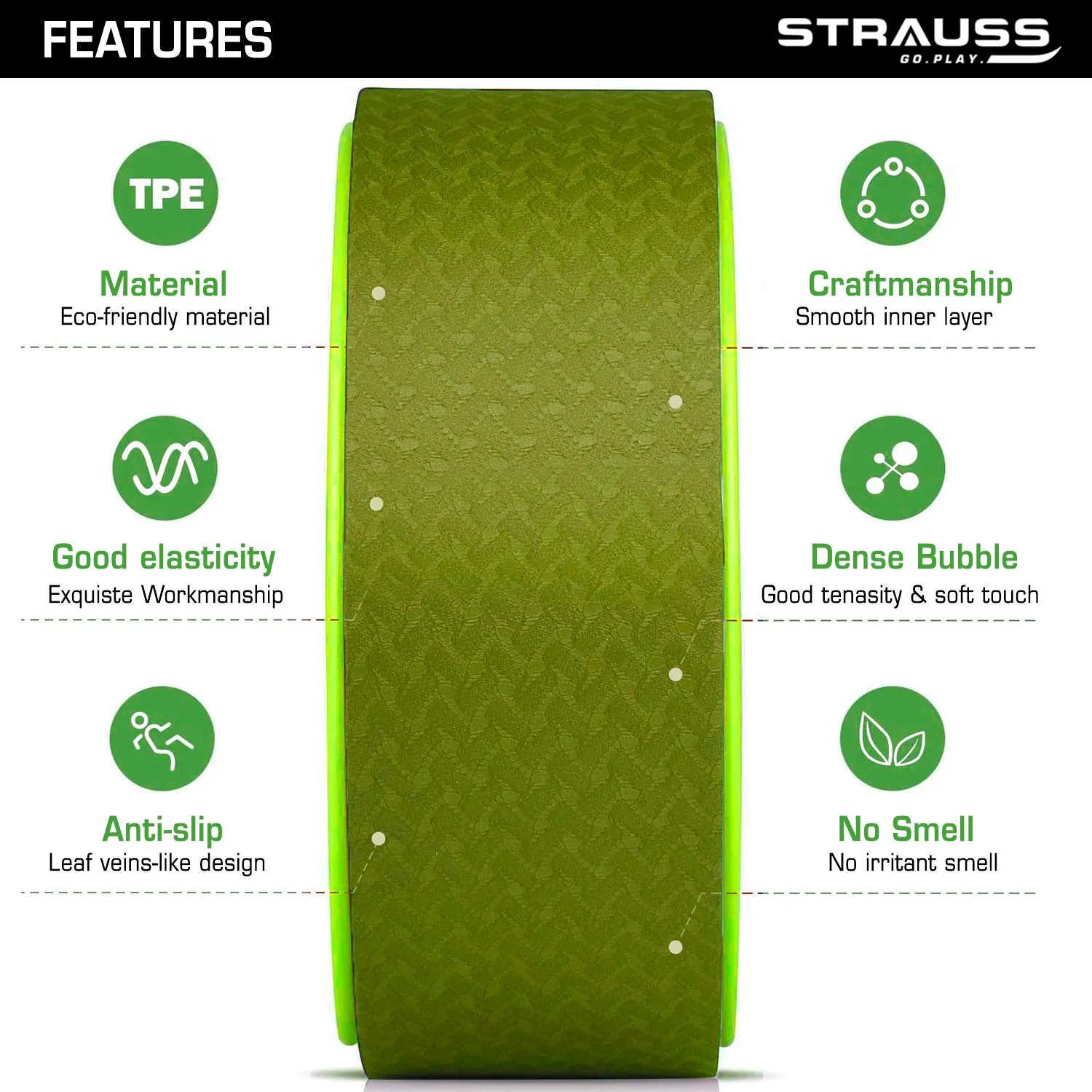 Strauss Yoga Wheel | Ideal for Stretching, Backbends, Exercise, Deep Tissue Massage & Back Pain Relief | Dharma Yoga Prop Wheel with Ultimate Comfort | 12-inch, (Green)