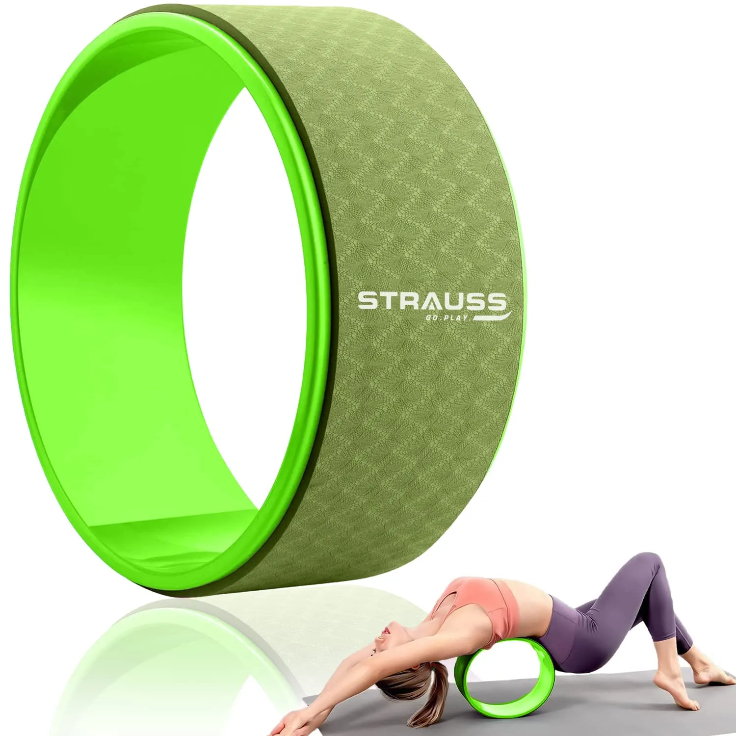 Strauss Yoga Wheel | Ideal for Stretching, Backbends, Exercise, Deep Tissue Massage & Back Pain Relief | Dharma Yoga Prop Wheel with Ultimate Comfort | 12-inch, (Green)