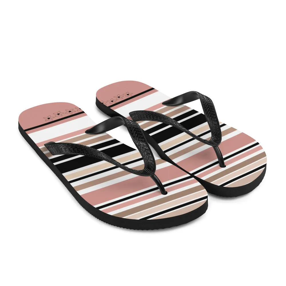 Striped Beige Black & Cream Flower Detail Flip Flops. Beach Shoes