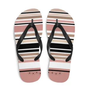 Striped Beige Black & Cream Flower Detail Flip Flops. Beach Shoes