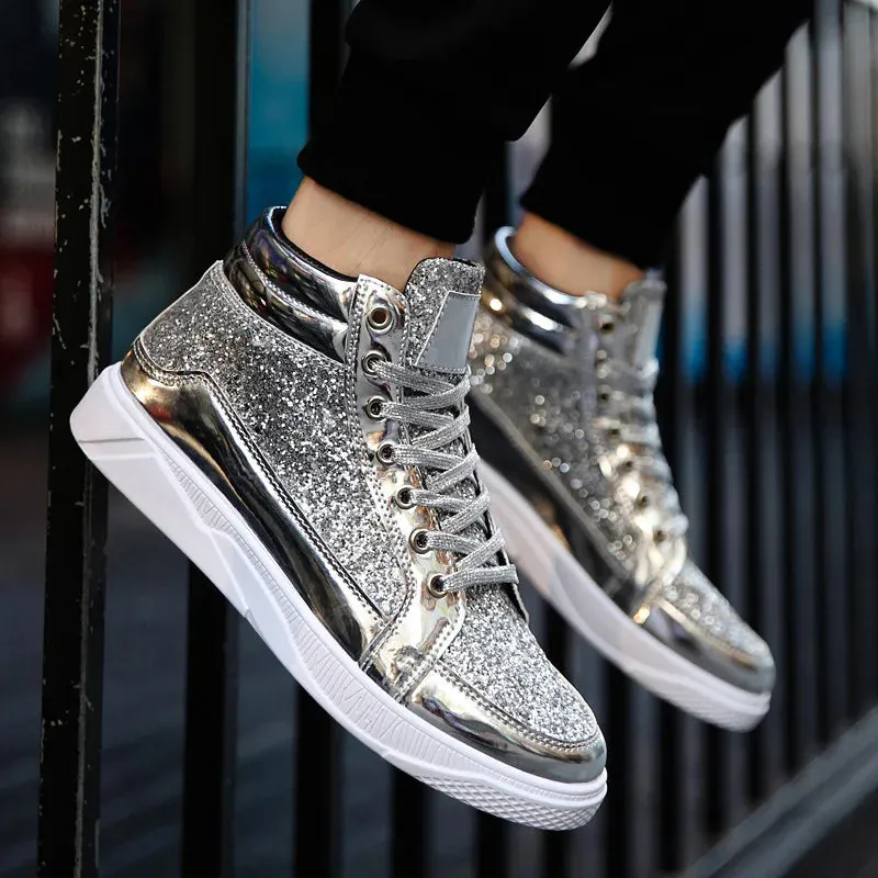 Travise Scot Premoim Golden Glitter High Top Sneakers Nightclub Glossy Shoes